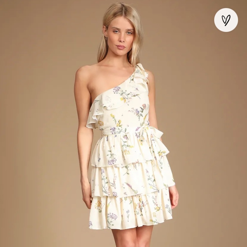 NWT Lulu’s Perfect Posy Cream Floral Print One-Shoulder Ruffled Mini Dress